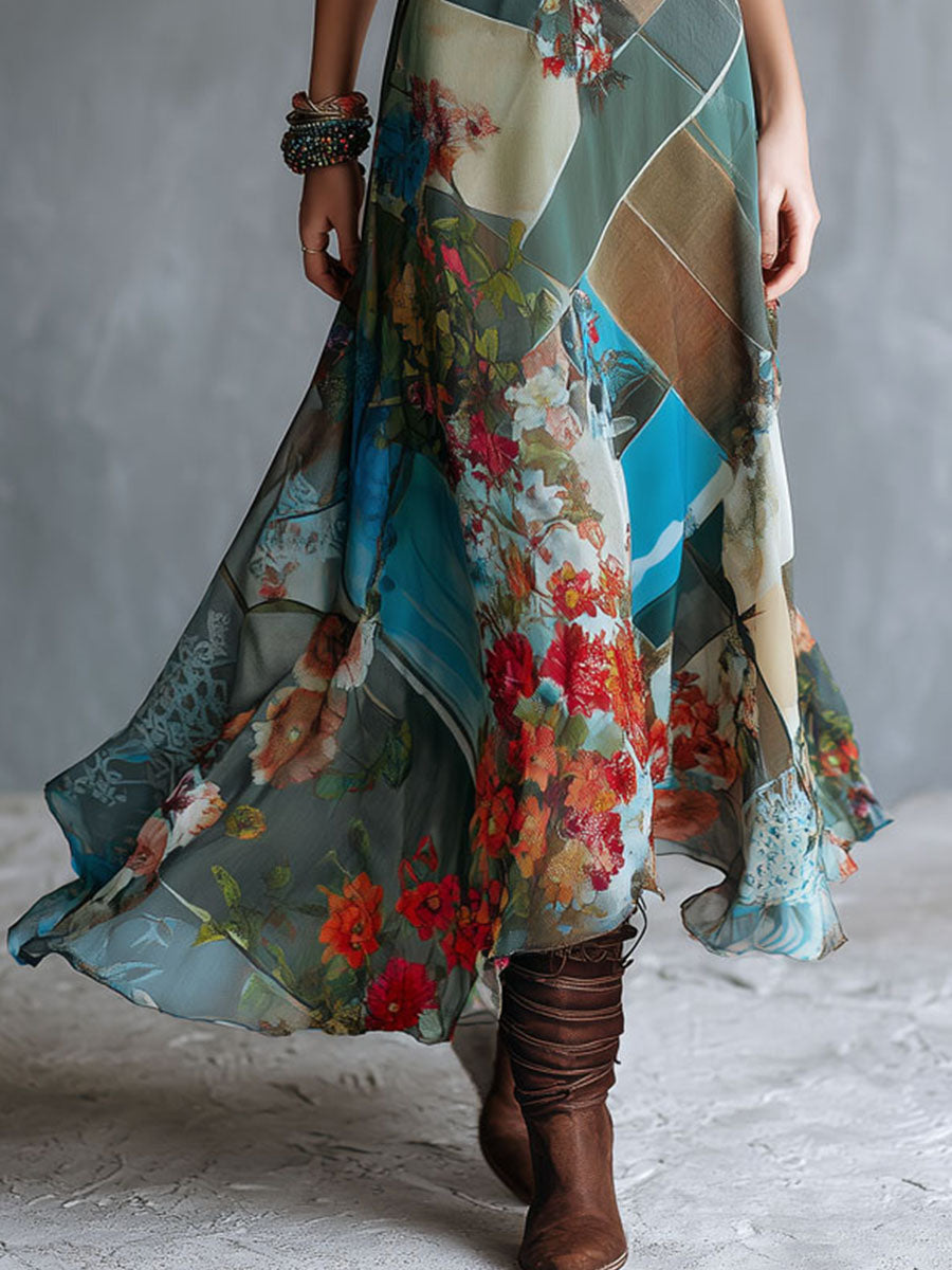 Retro Bohemian-Style Patchwork Floral Mesh Dress