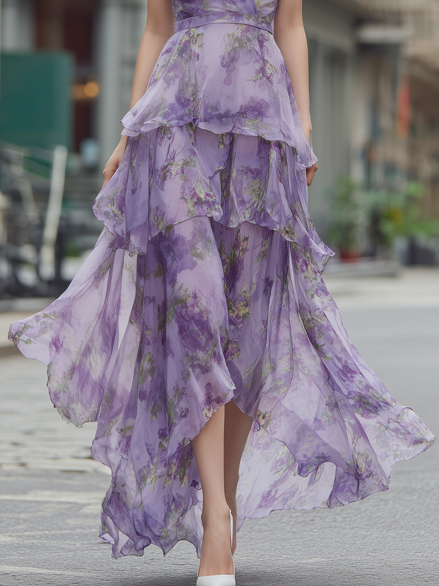 Spaghetti Strap Floral Tiered Chiffon Maxi Dress