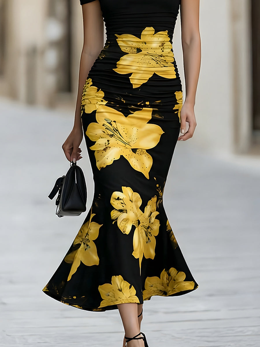 Black Off-Shoulder Ruched Yellow Lily Floral Midi Dress