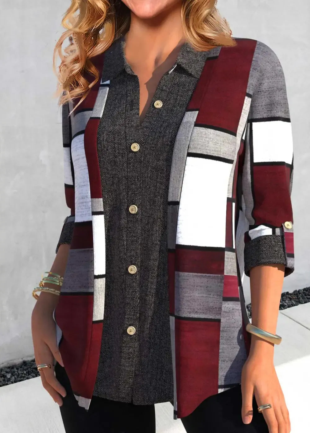 Dark Grey Button Geometric Print Shirt Collar Blouse