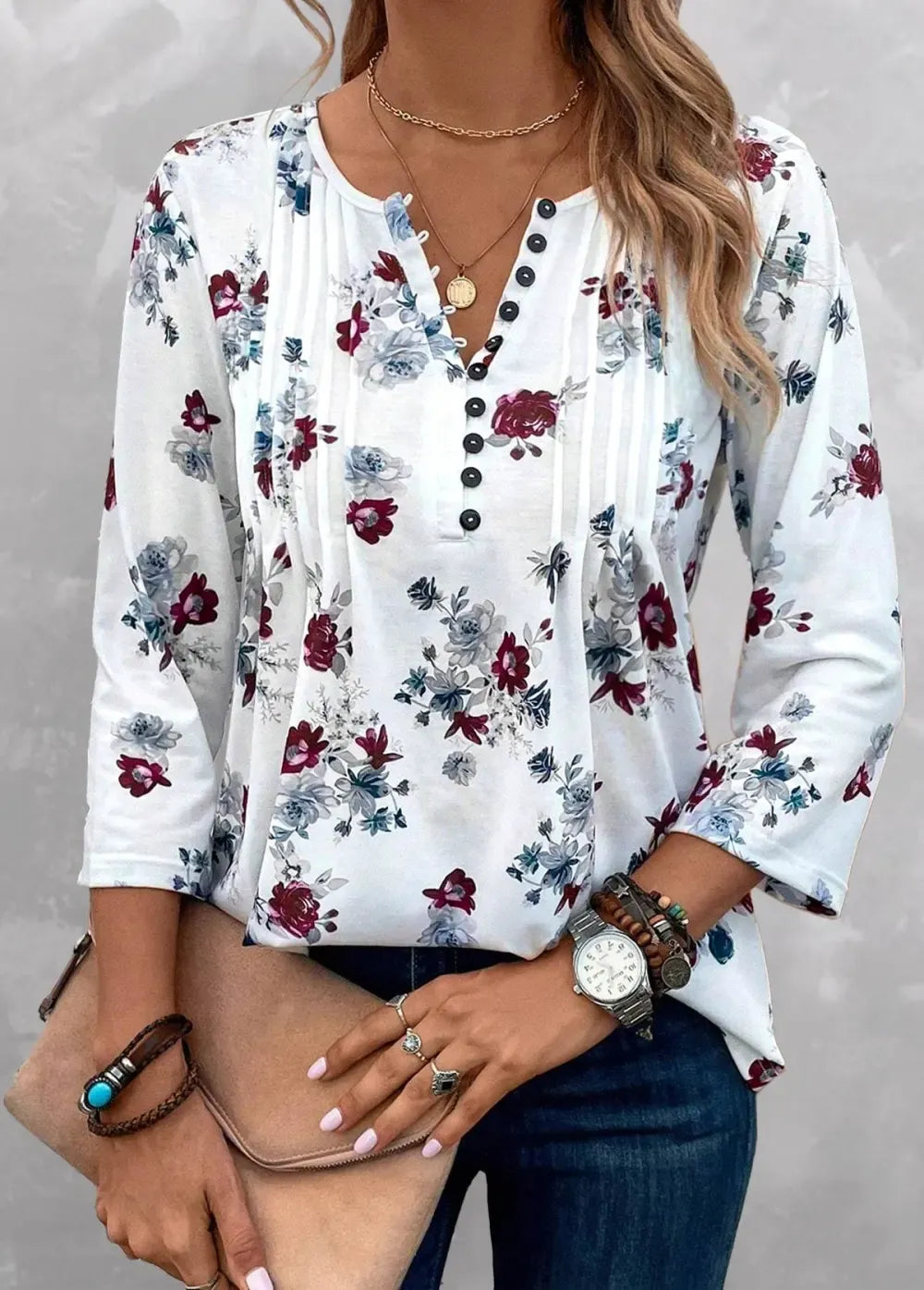 White Tuck Stitch Floral Print Blouse