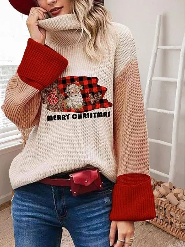 Women's Pullover Sweater Jumper Turtleneck Ribbed Knit Cotton Blend Oversized Fall Winter Regular Date Weekend Casual Soft Long Sleeve Santa Claus Red Green S M L