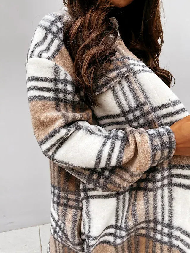 Women's trench coat set head long plaid coat with pockets slim coat