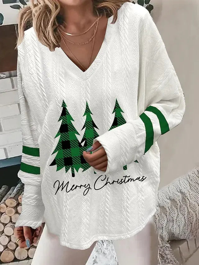 Women‘s Christmas Pullover Sweater Jumper V Neck Crochet Knit Polyester Print Fall Winter Christmas Weekend Casual Soft Long Sleeve Xmas Tree Pink Red Green S M L