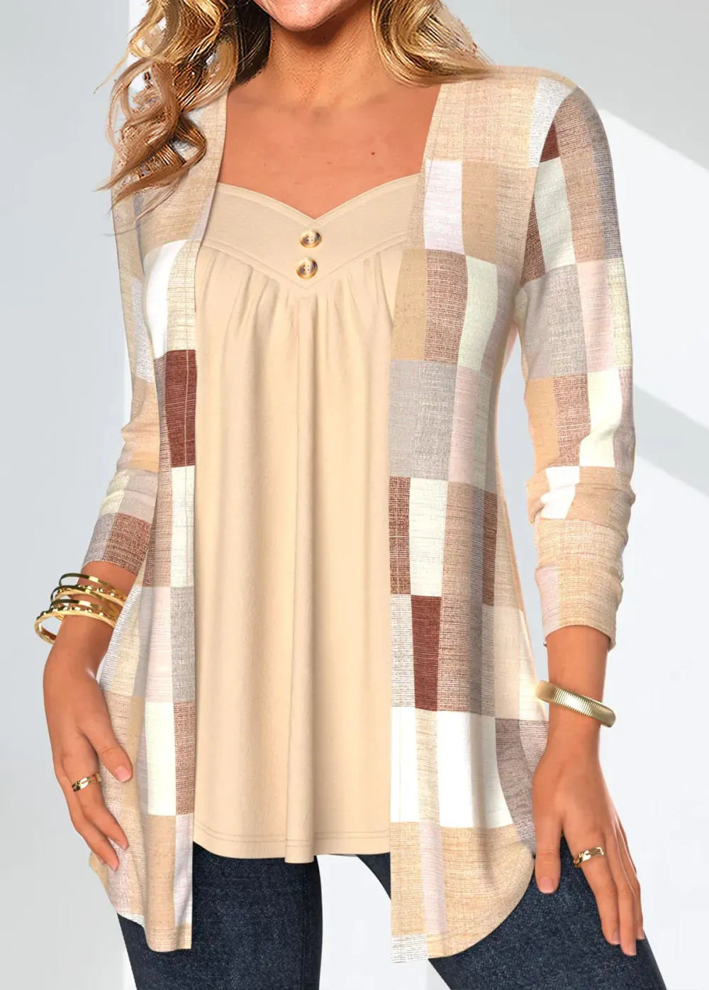 Skin Color Fake 2in1 Geometric Print Long Sleeve Blouse