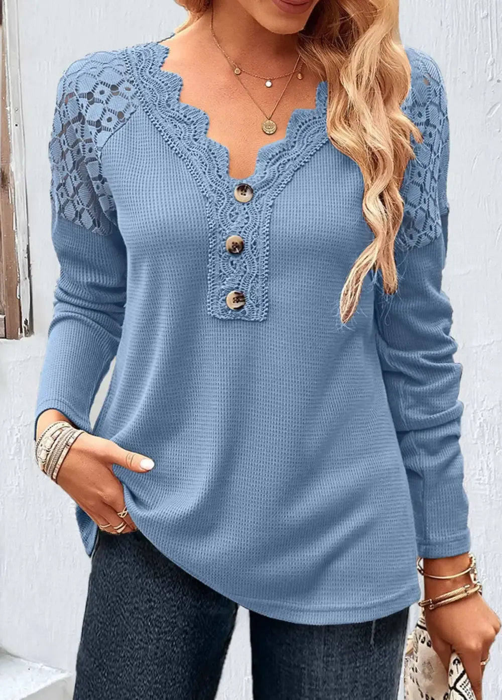 Dusty Blue Lace Long Sleeve T Shirt