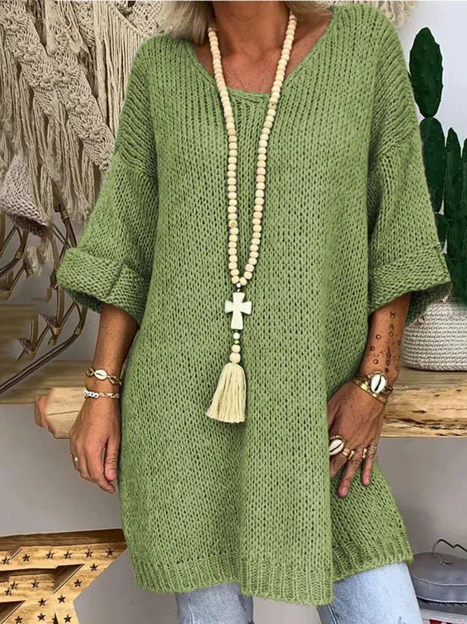 Women 3/4 Sleeves V-Neck Solid Knitted Sweaters