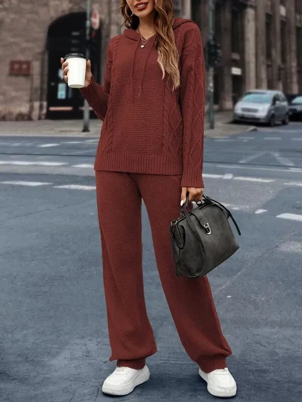 Drop Shoulder Cable Knit Drawstring Hooded Sweater & Knit Pants