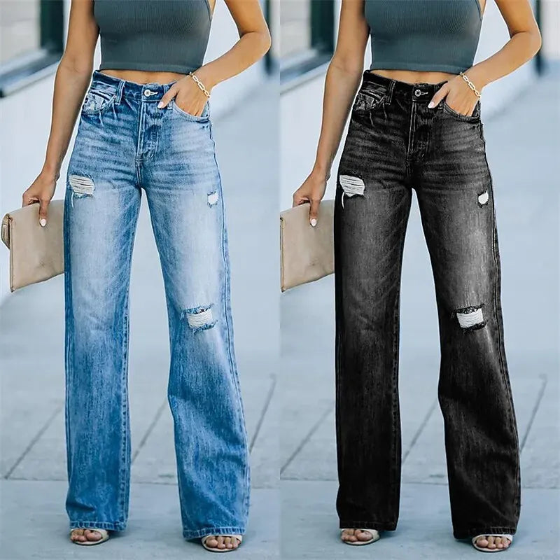 Women's Wide Leg Jeans Flare Leg Ripped Plain Jeans Classic Modern Regular Spring & Fall Black Blue