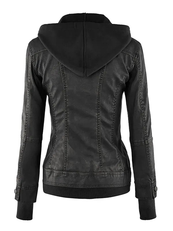 Women's Detachable Hooded Faux Leather Motorcycle Jacket