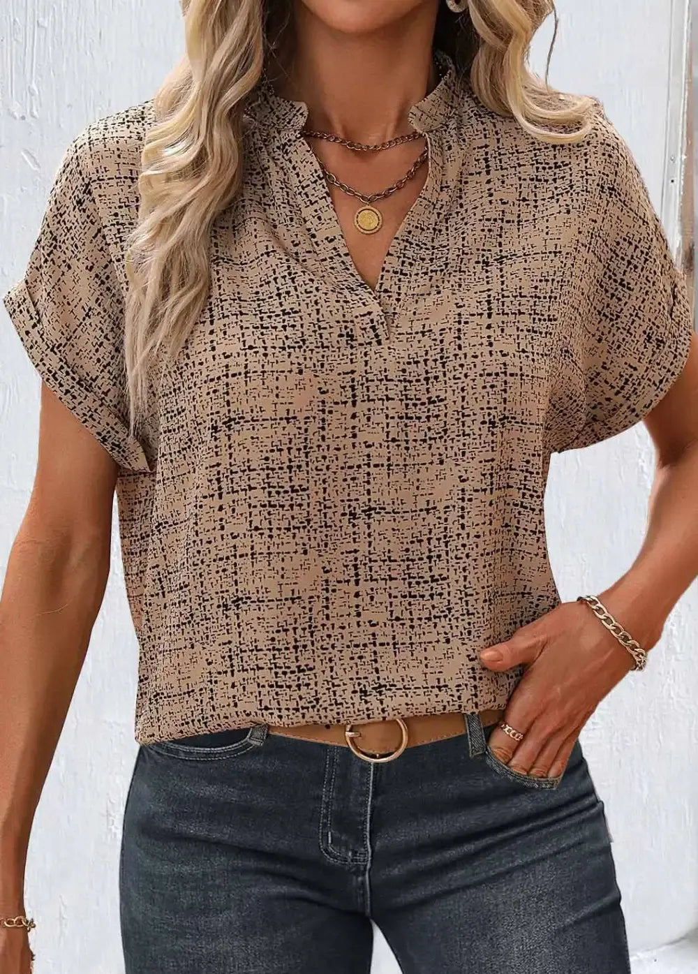 Sage Green Split Geometric Print Short Sleeve Blouse