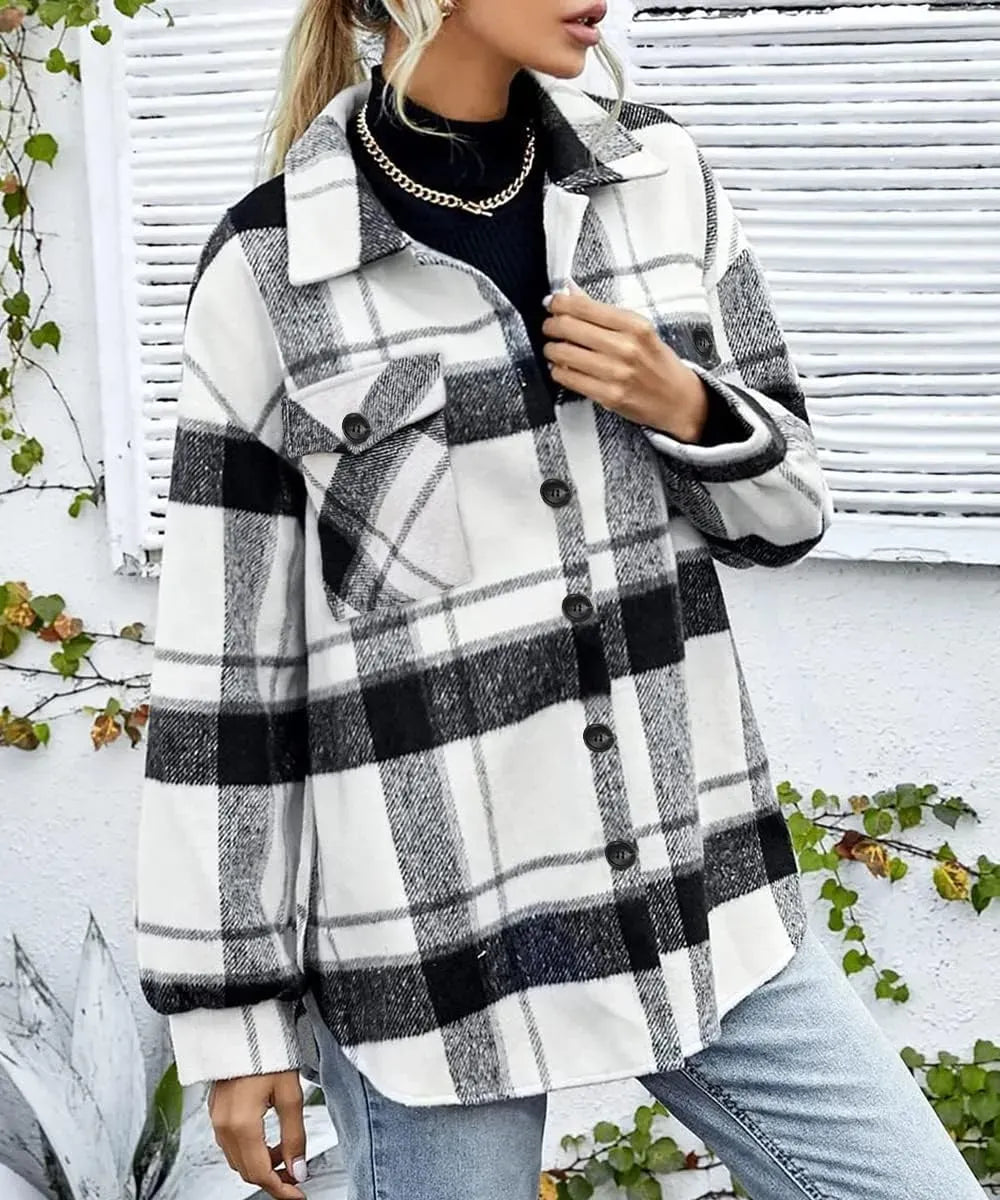 Womens Casual Plaid Shacket Button Down Long Sleeve Shirt