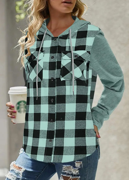 Mint Green Pocket Plaid Long Sleeve Hoodie