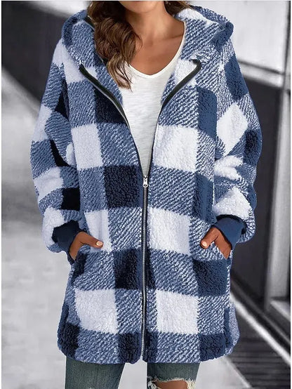 Women's Fleece Jacket Fleece Basic Pocket Zip Up Black Light Green Red Plaid Street Casual Hoodie Long Sleeve Top Micro-elastic Fall & Winter