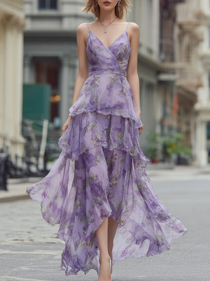 Spaghetti Strap Floral Tiered Chiffon Maxi Dress