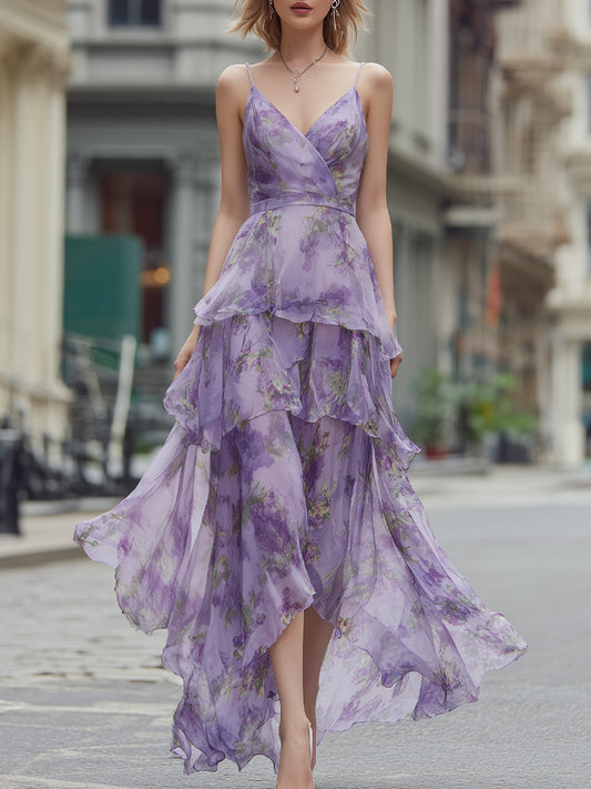 Spaghetti Strap Floral Tiered Chiffon Maxi Dress