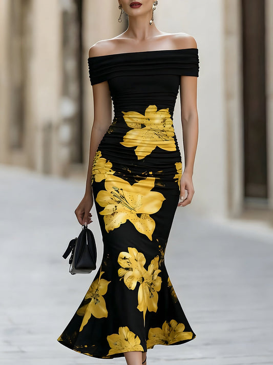 Black Off-Shoulder Ruched Yellow Lily Floral Midi Dress