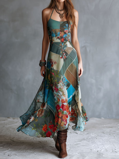 Retro Bohemian-Style Patchwork Floral Mesh Dress