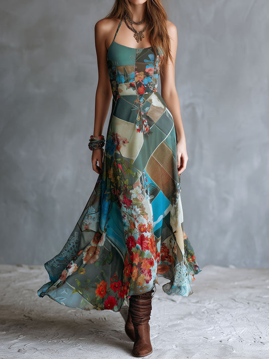 Retro Bohemian-Style Patchwork Floral Mesh Dress
