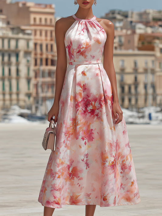 Watercolor Floral Halter Neck Satin Midi Dress