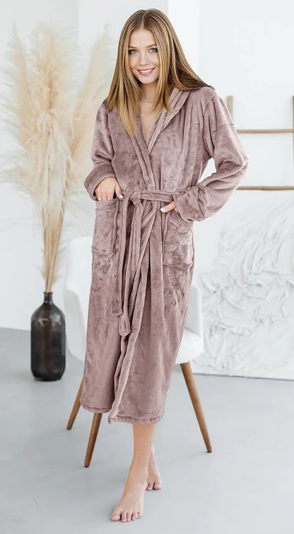 Women Fleece Shawl Collar Bathrobe - Plush Long Robe
