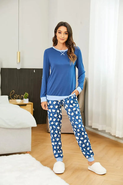 Women's Pajamas Sets Long Sleeve with Plaid Pants Soft Sleepwear O Neck 2 Piece Pjs Joggers Loung Set with Pockets