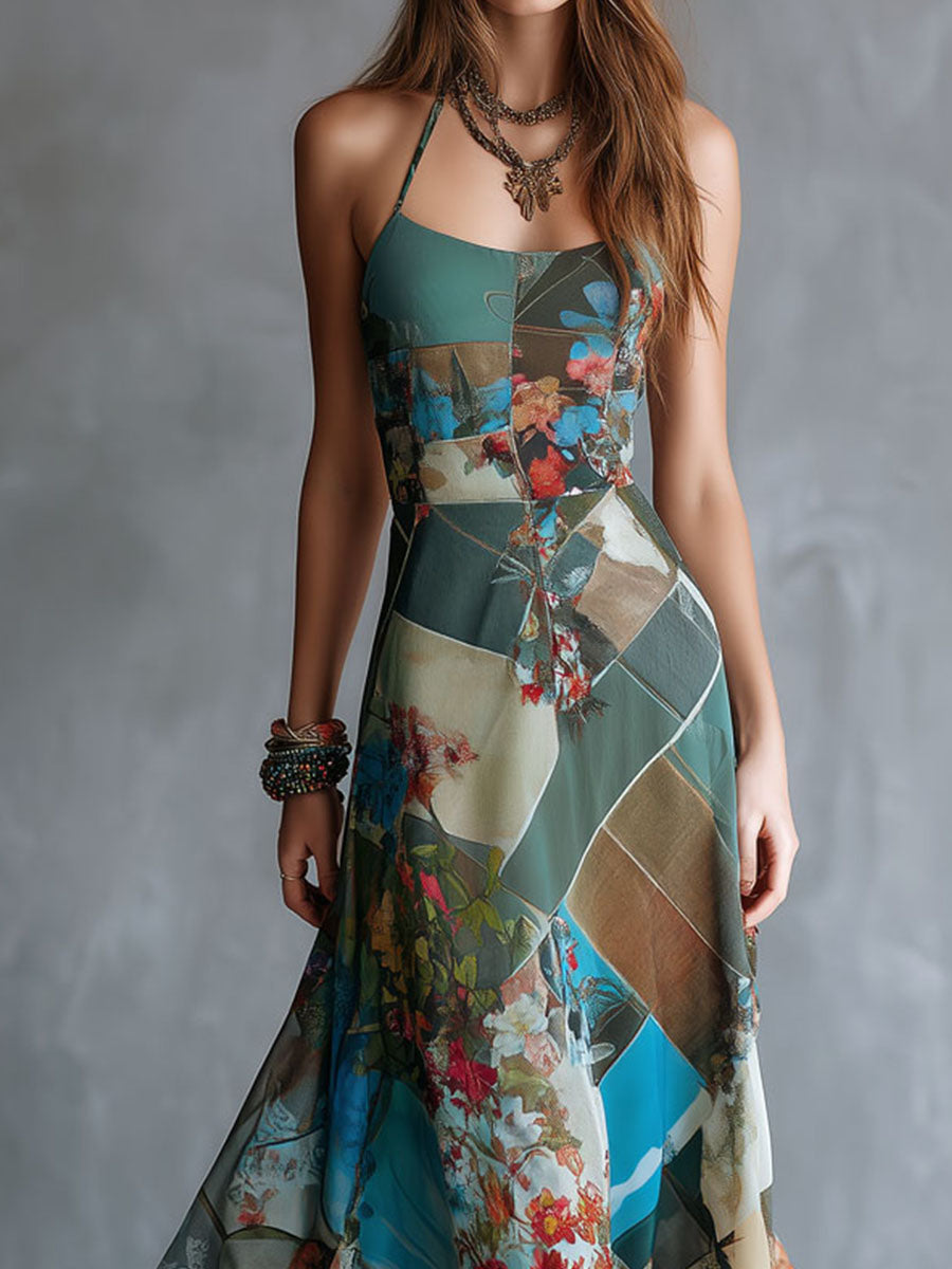 Retro Bohemian-Style Patchwork Floral Mesh Dress