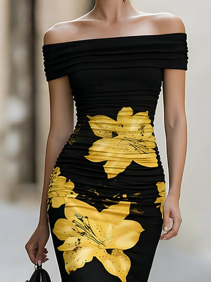 Black Off-Shoulder Ruched Yellow Lily Floral Midi Dress