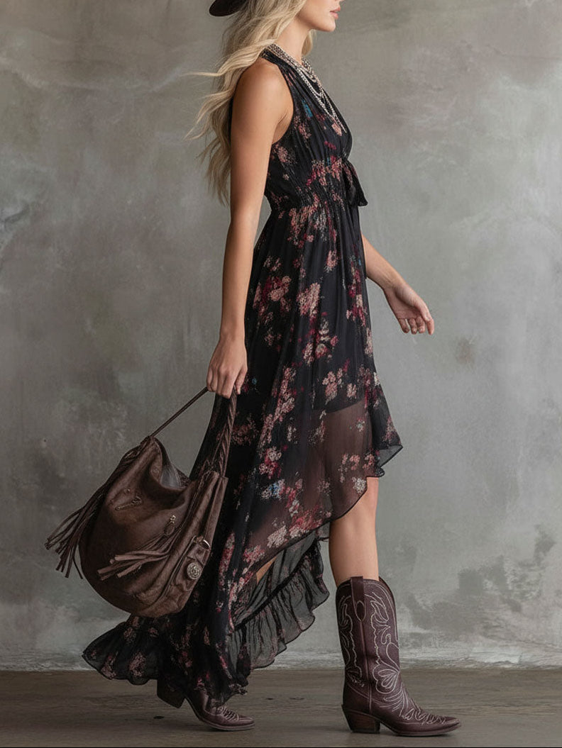 Retro V-neck Floral Print Chiffon Sleeveless Maxi Dress