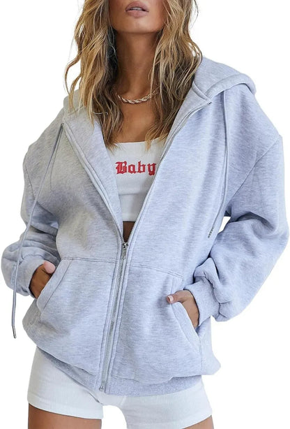 Women's Cute Hoodies Teen Girl Fall Jacket Oversized Sweatshirts Casual Drawstring Zip Up Y2K Hoodie with Pocket