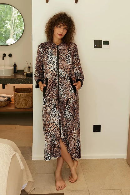 Women Zipper Robe 3/4 Sleeves Loungewear Dress Full Length Sleepwear Pockets Housecoat Nightgown Long Bathrobe