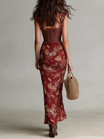 Bohemian Red Floral Maxi Dress with High Slit
