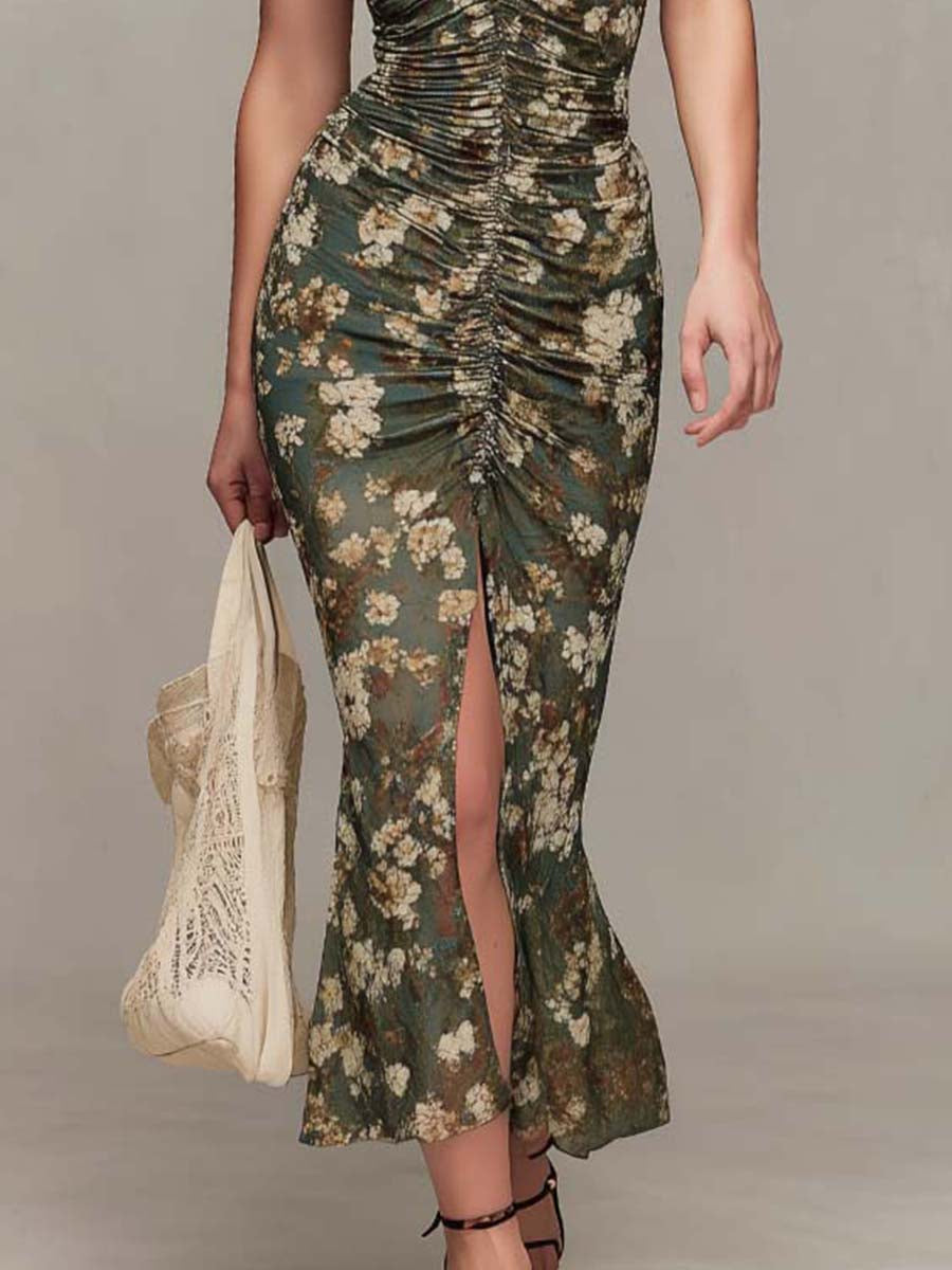 Bohemian Floral Ruched Mesh Midi Dress