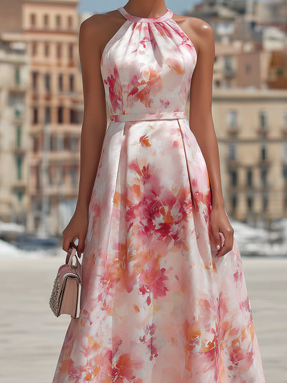 Watercolor Floral Halter Neck Satin Midi Dress