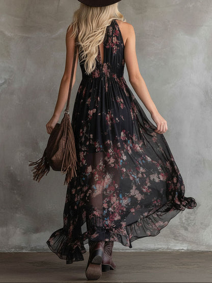 Retro V-neck Floral Print Chiffon Sleeveless Maxi Dress