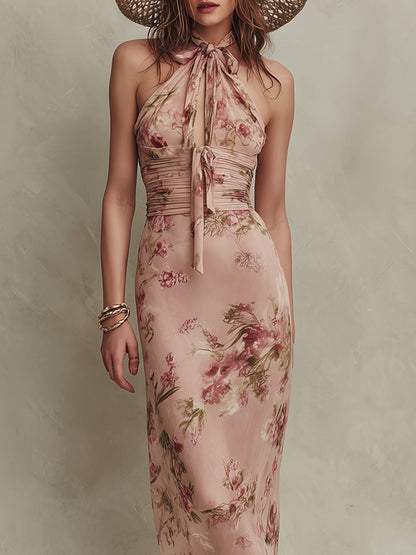 Elegant Floral Print Keyhole Neckline Chiffon Maxi Dress