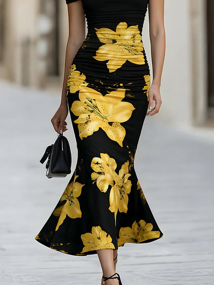Black Off-Shoulder Ruched Yellow Lily Floral Midi Dress