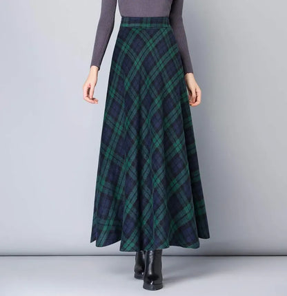 Women's Winter Elegant Warm Long Skirt Wool Maxi Skirts Elastic Waist A-Line High Waist Plaid Pleated Skirt S-3XL