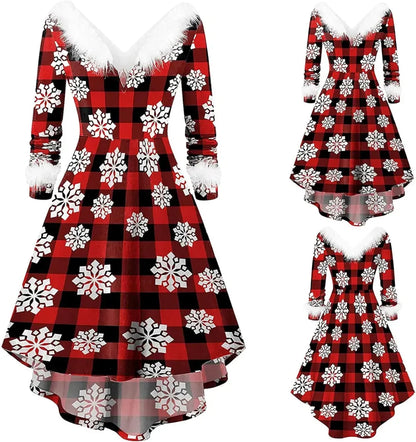 Womens Christmas Dress Fuzzy Mrs Claus Christmas Holiday Xmas Cocktail Holiday Party Flare Dress