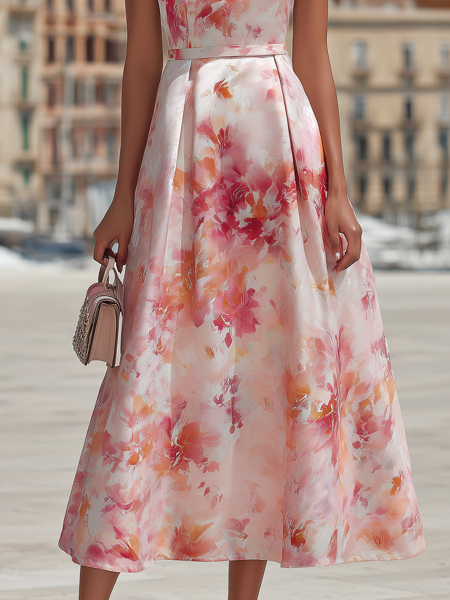 Watercolor Floral Halter Neck Satin Midi Dress