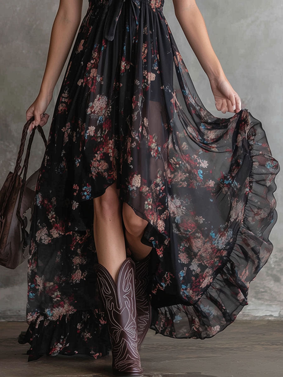 Retro V-neck Floral Print Chiffon Sleeveless Maxi Dress