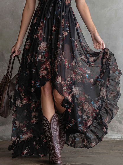 Retro V-neck Floral Print Chiffon Sleeveless Maxi Dress