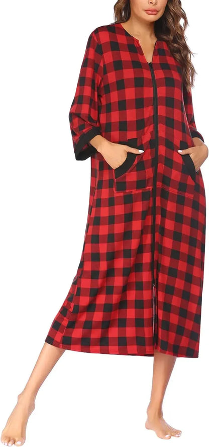 Women Zipper Robe 3/4 Sleeves Loungewear Dress Full Length Sleepwear Pockets Housecoat Nightgown Long Bathrobe