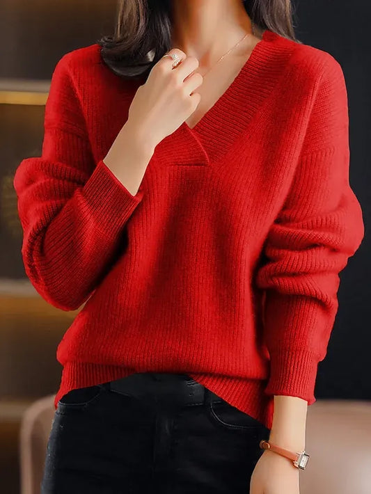 Women‘s Christmas Pullover Sweater Jumper Casual Sweater V Neck Ribbed Knit Polyester Knitted Fall Winter Regular Outdoor Xmas Holiday Going out Stylish Soft Long Sleeve Pure Color Red Green S M L