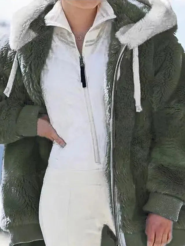 Women's Zip Hoodie Sweatshirt Fleece Jacket Pullover Sherpa Fleece Teddy Zipper Green Blue Purple Plain Round Neck Long Sleeve S M L XL 2XL 3XL / Winter / Fleece lined