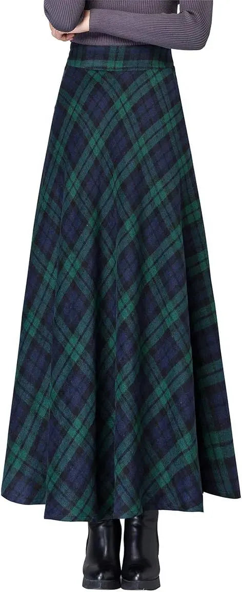 Women's Winter Elegant Warm Long Skirt Wool Maxi Skirts Elastic Waist A-Line High Waist Plaid Pleated Skirt S-3XL