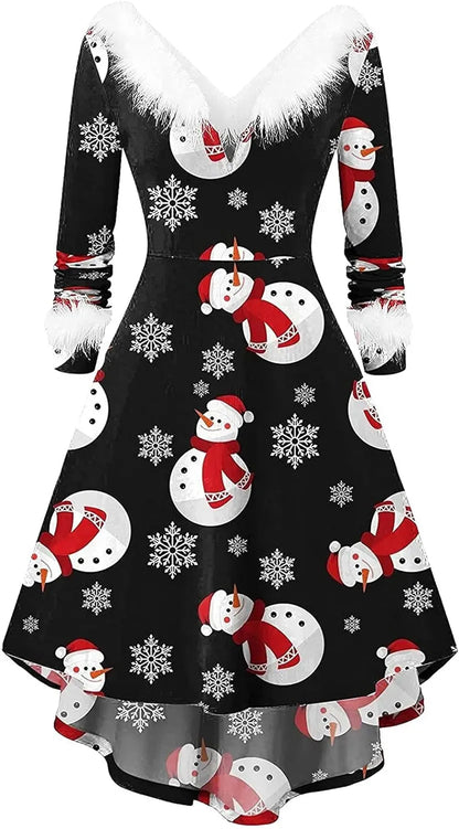Womens Christmas Dress Fuzzy Mrs Claus Christmas Holiday Xmas Cocktail Holiday Party Flare Dress