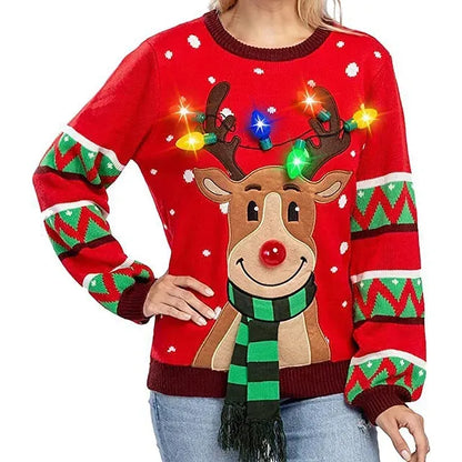 Womens LED Light Up Reindeer Ugly Christmas Sweater