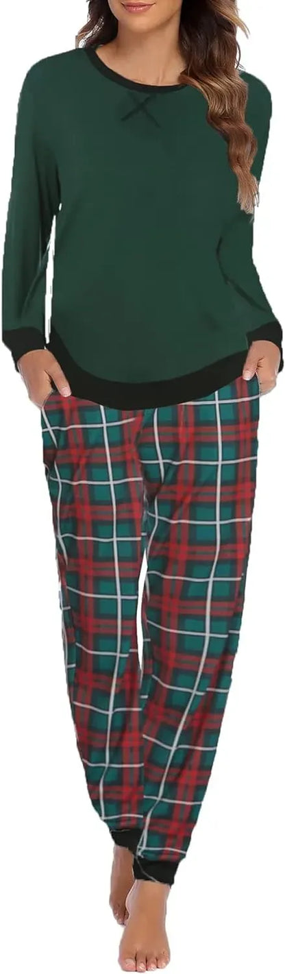 Women's Pajamas Sets Long Sleeve with Plaid Pants Soft Sleepwear O Neck 2 Piece Pjs Joggers Loung Set with Pockets