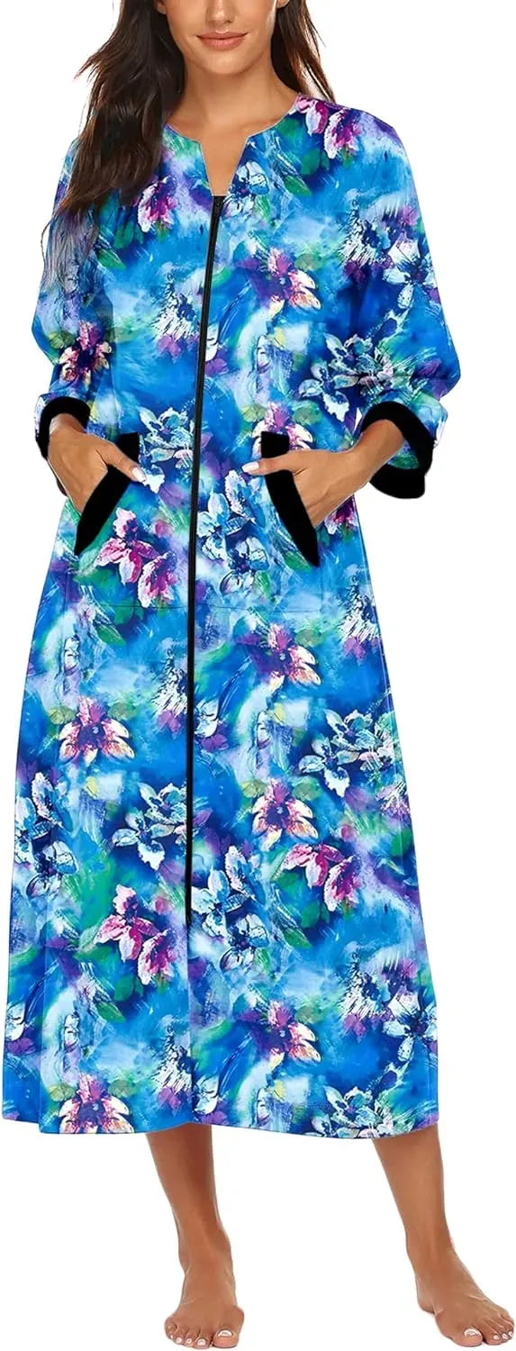 Women Zipper Robe 3/4 Sleeves Loungewear Dress Full Length Sleepwear Pockets Housecoat Nightgown Long Bathrobe